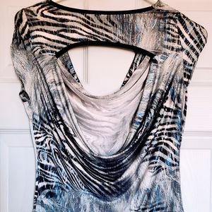 Black-and-white highlight blue blouse